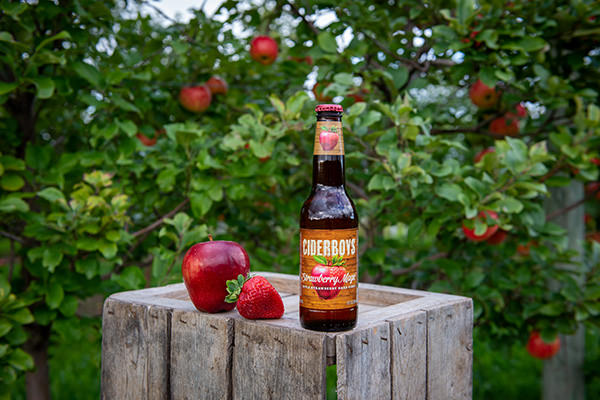 Ciderboys Strawberry Magic with fruit in front of apple trees